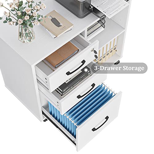 3 Drawer Office File Cabinets, Mobile Lateral Printer Stand With Open Storage Shelf, Rolling Filing Cabinet With Wheels Home Office Organization And Storage (White) #TOP4