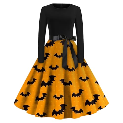 Damen Halloween-Kleid mit Fledermaus-Motiv - Langärmeliges 50er-Jahre-Modell mit Vollmond-Print | Elegantes Swing-Kleid für Mottopartys
