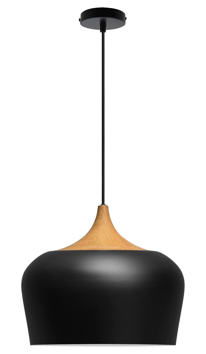 1 Light Ceiling Pendant Light Black Lamp Shade Wood Effect Fitting, Modern Kitchen Island Lights H3024