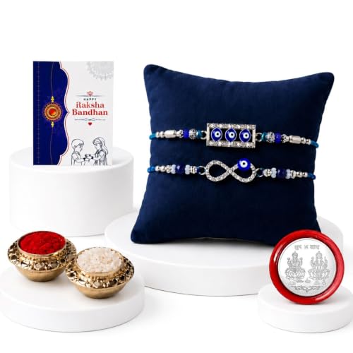 Image of Oblivion Designer Blue Star Eye and Infinity Illuminati Rakhi for Bhaiya, 2 Handmade Beaded Threads with Roli Tikka, Silver Color Pooja Coin & Greeting Card | Rakshabandhan Festive Combo, Pack of 5