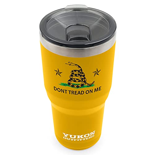 Yukon Outfitters Freedom High Grade 18/8 Stainless Steel Double Wall Vacuum Insulated Tumbler (30oz / 890ml) - 7.85" H x 3.9" Top Dia. / 2.9" Bottom dia., Gold with 'Dont Tread On Me' print