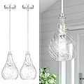 TENGXIN 2 Pack Pendant Lights Kitchen Island,Brushed Nickel Finished Striped Glass Hanging Pendant Light,Farmhouse Pendant Light for Dining Room,Bedroom,TXPLBN12