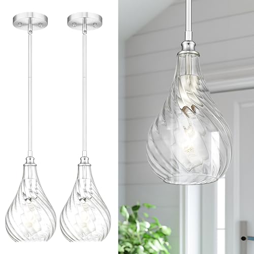 TENGXIN 2 Pack Pendant Lights Kitchen Island,Brushed Nickel Finished Striped Glass Hanging Pendant Light,Farmhouse Pendant Light for Dining Room,Bedroom,6 Inch