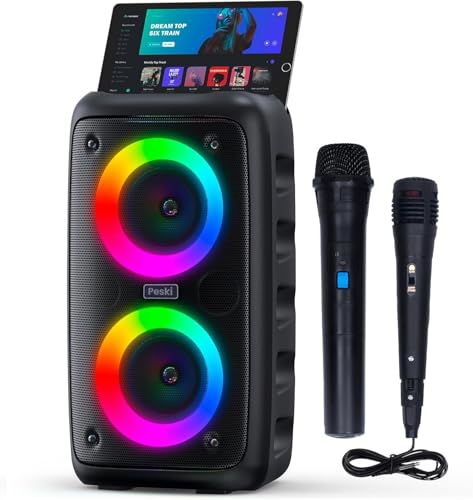 Karaoke Machine for Adults and Kids,Peski Portable Bluetooth Speaker with 1 Wireless Microphone and 1 Wired Mic,Rechargeable Powered Dj/PA Speaker System with TF Card,AUX in,REC,TWS for Birthday Party