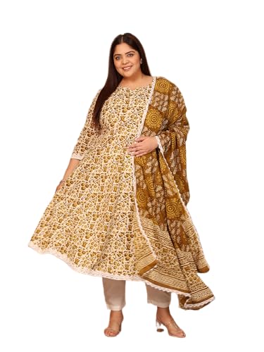 Image of MEERA FAB Women's Pure Cotton Printed Anarkali Kurta with Palazzos & Dupatta