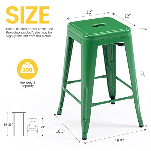 Vogue Furniture Direct 24 Inch Metal Bar Stools, Backless Counter Height Barstools, Indoor Outdoor Stackable Stools With Square Seat, Set Of 4 (Green) #TOP4