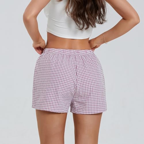 Image of Women Y2k Gingham Boxer Shorts Plaid Striped Cute Mini Bloomers Elastic Waist Loose Fit Summer Shorts
