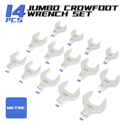 Image of BULLTOOLS 1 /2 inch Drive Jumbo Crowfoot Wrench Set,14-Piece Metric Crows Foot Wrench Set 27 to 50mm Chrome Vanadium Steel Big Crowfoot Wrench