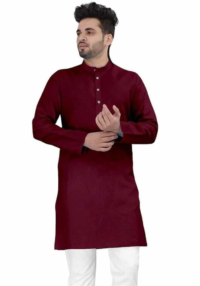 Image of Men's Maroon Kurta Full Sleeve, Mandarin Collar, Ethnic Wear