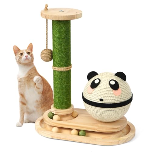 Cat Scratching Post, Panda Cat Grabs Sisal Ball Kitten Toys for Indoor Cats Wooden Ball Track Two-Layer Modern Sisal Cat Tree Tower Scratch Post Interactive Toy with Dangling Ball