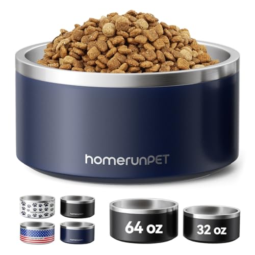 HomeRunPet Dog Bowls, Durable Dishwasher Safe Double Wall Metal Insulated Stainless Steel Food Water Bowls with Non-Slip Rubber Base, Ideal for Small Medium and Large Dogs (32oz, Navy)