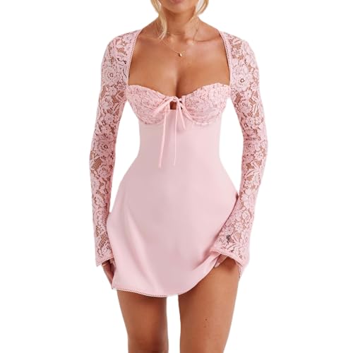 Image of Women Lace Mini Dress Sexy Square Neck Lace Long Sleeves Backless Tie-Up A-Line Short Dresses Cocktail Bodycon Dress