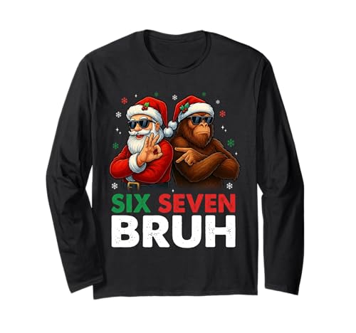 Funny 67 Santa with Bigfoot Six Seven 6 7 Meme Christmas Kid Long Sleeve T-Shirt