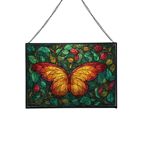 Butterfly Drifting – Wild Rose Vine Animal Stained Glass Suncatcher – Rectangular Hanging Window Panel with Artistic Nature Background – Wildlife Glass Art Gift for Animal and Nature Lovers 4HtDHB