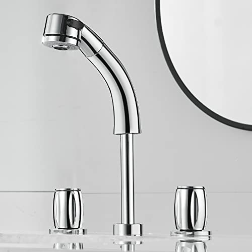 Robinet de lavabo 3 trous extractible chrome brillant pour eau chaude et froide