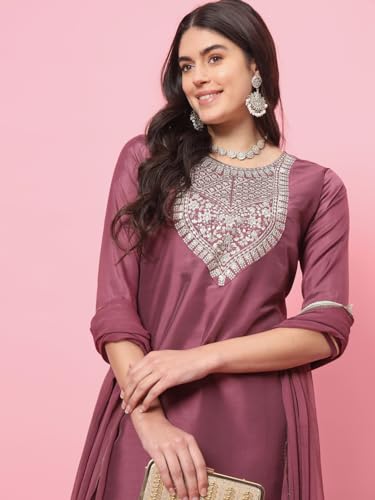 Image of VredeVogel Women's Silk Blend Kurta Trouser With Dupatta Set With Nazmin Lace Border Design