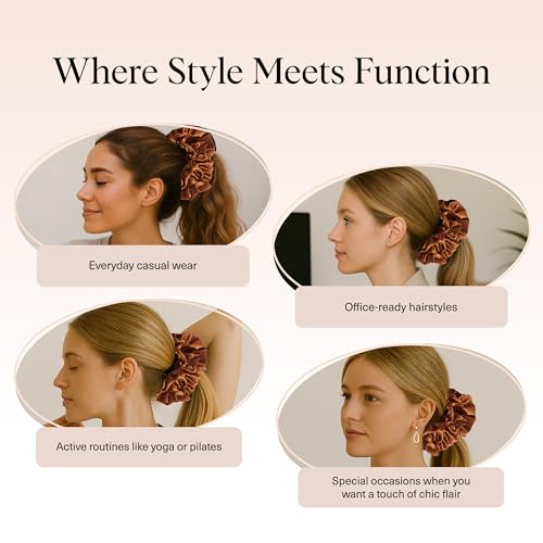 Image of Kitsch Recycled Satin Ruffle Scrunchie - Gentle Hair Scrunchie for Women, Eco-Friendly Hair Tie No Damage, Stylish Ponytail Holder | Ideal Gifts for Women - Camel