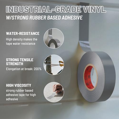 Image of RED WOLF 5 Pack Grey Electrical Tape 3 /4 Inch x 66 Ft Industrial Grade UL /CSA Listed 7 Mil Thick Flame Retardant High Temp Waterproof Electrical PVC Tape Electric Super Vinyl Rated 600V