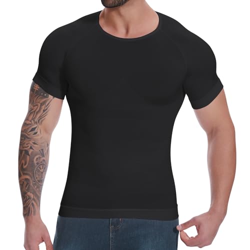Gleefeat Mens Shapewear Body Shaper Slimming Mens Compression Shirt Tops large black