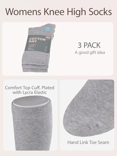 Image of COTTON DAY Women's Soft Combed Cotton Knee High Long Calf Dress Socks Seamless Toe Black White Gray Navy Blue Brown 3 Pack