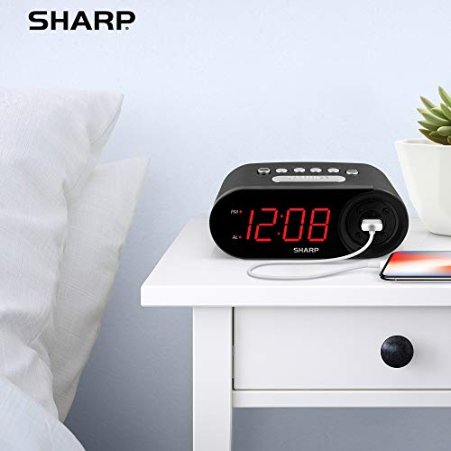 Image of Sharp Digital Easy to Read Alarm Clock with 2 AMP High-Speed USB Charging Power Port - Charge Your Phone, Tablet with a high Speed Charge! Simple, Easy to Use Operation, Midnight Black