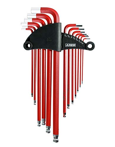ARES 70164-13-Piece SAE Long Arm Ball End Hex Key Wrench Set - Chrome Finish with Red High Visibility Anti-Slip Coating - Convenient Storage Case Included