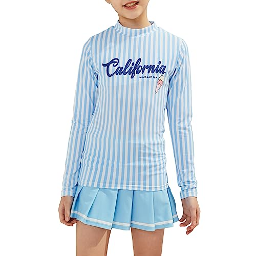 PHIBEE Girls' Rash Guard Set Long Sleeve UPF 50+ Sun Protection Two-Piece Swimwear Blue Stripe 8