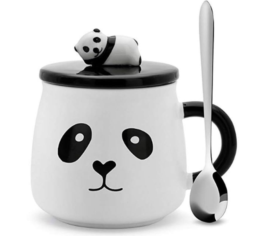 Image of Ceramic Panda Mug with Lid and Spoon, White and Black, 300 ml, Coffee Tea Cup with 3D Panda Design, Gift for Boys Girls Friends Panda Lovers