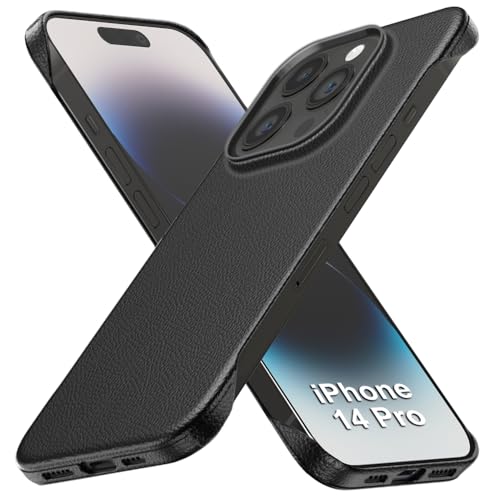 Image of TheGiftKart Hybrid Ultimate Slim Back Case Cover for iPhone 14 Pro | Lightweight Profile | Hard Back Case Cover for iPhone 14 Pro (PC & TPU, Metal Camera Ring, Leather Texture Finish, Black)