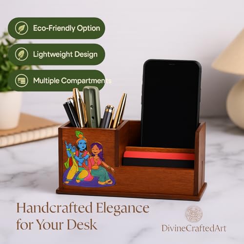 Image of Handcrafted Wooden Pen Holder & Mobile Stand | Desk Organizer for Office, Home & Study Table | Pen Pencil Stand with Card Holder (6.75x3.75x2.5 Inch) (Krishana Radhe Desk)