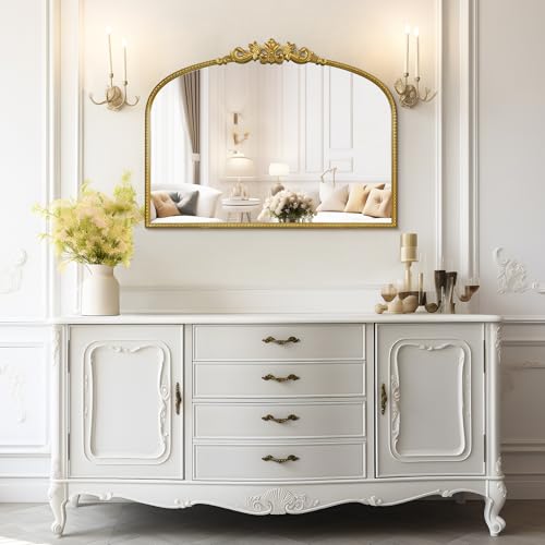 Image of WallBeyond Gold Vintage Mirror for Vanity 32x24 Inch, Gold Antique Mirror with Ornate Frame, Arched Vintage Wall for Bathroom, Living Room, Fireplace, Entryway