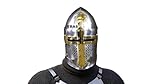 ebas Medieval Crusader Great Helm – Steel & Brass Knight Templar Helmet with Cross Faceplate, Reenactment & LARP Armor