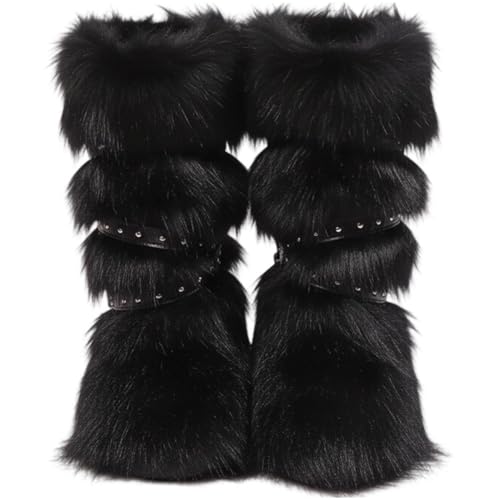 Brxmpn Bottes Hautes en Fausse Fourrure pour Femme, Bottes d'hiver Duveteuses Moelleuses, Bottes De Neige Plates Chaudes, Chaussures d'hiver Duveteuses...