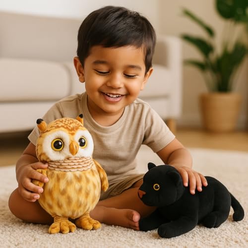 Image of Cute Owl & Panther Plush Toy Combo - 30 cm Soft Stuffed Animals for Kids | Super Soft & Huggable for Boys & Girls (Pack of 2)