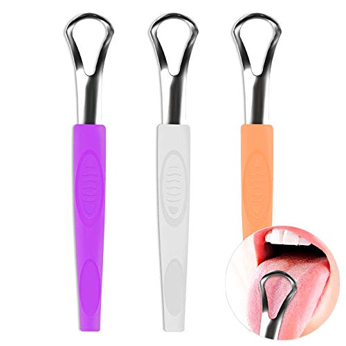 Stainless Steel Tongue Scrapers for Adults and Children Tounge Scraper Soft Silicone Handle Protection Reduce Fight Bad Breath Professional Tounge Scraper Cleaner Kit (3 Pack)