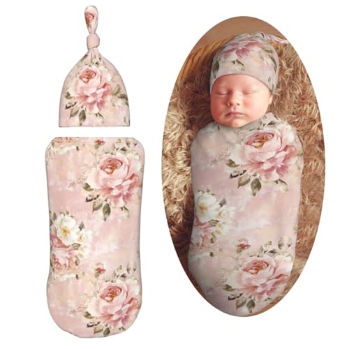 Image of Pink Vintage Floral Peony Floral Swaddle Blanket with Beanie Hat Set Newborn Swaddle Wrap Soft Baby Receiving Blankets Baby Swaddle Blanket for Baby Boys and Girls