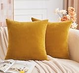 GriNeed Throw Pillow Covers Mustard Yellow Set of 2 18x18 Inch Fall Pillow Covers, Soft Velvet Farmhouse Neutral Decorative Pillowcases for Couch Sofa Bed, Home Boho Decor, Modern Cushion Covers