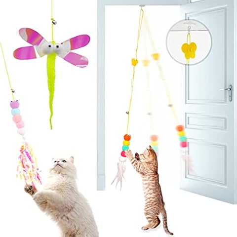 Feather Teaser Toys, Butterfly Worm Interactive Hanging String Cat Toy, Door Hanging Cat Pet Toy for Indoor Cats Kitty Play Chase Exercise - Feather / Dragonfly / Tassels worm 3 Pcs set (Feather Worm) Cover