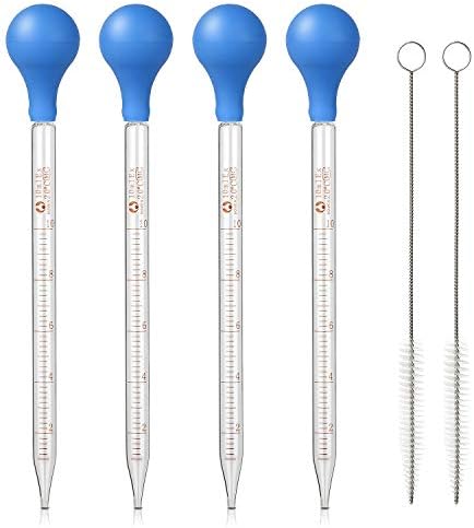 Hyber&Cara 4 Pcs 10ml Glass Pipette Dropper Graduated with Rubber Suction Bulb + 2 Pcs Cleaning Brush
