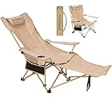 Reclining Camping Chair with Footrest, 4-Position Adjustable Back Folding Lounge Chair for Adult | Heavy-Duty Beach Chairs with Cup Holder & Carry Bag for Beach, Camping, Backyard, Fishing