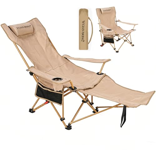 Reclining Camping Chair with Footrest, 4-Position Adjustable Back Folding Lounge Chair for Adult | Heavy-Duty Beach Chairs with Cup Holder & Carry Bag for Beach, Camping, Backyard, Fishing