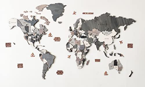 World Map, Wood Map, Wall Art Decor, Wooden Map, 3D World Map, Grey Tones World Map, Large Map For Wall, Housewarming Gift, 3D Wood World Map (Small Map - (43 X 23 Inch), No Name) #TOP3