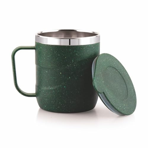 Image of ATTRO Brew Mug - Stainless Steel Inner with eco Friendly Outer Body Durable Stylish, Microwave Safe Coffee /Tea Mug with Handle & Lid, Ideal for Home, Office, Travel & Gifting-300ml-Miltary Green