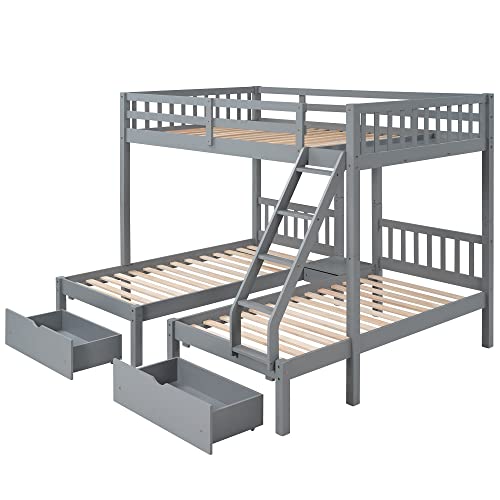 Wood Triple Bunk Bed, Durab Triple Beds Frame Triple Bunk Beds Full Over 2 Twin Bunk Bed With 3 Drawers Ladder And Guardrails, Bunk Bed For Family, Teens, No Box Spring Needed,Gray #TOP2