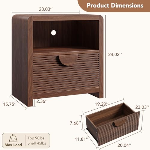 OneBlis Fluted Nightstand with Charging Station, 23" Wide Wood Bedside Table with Drawer and Open Compartment, Mid Century End Table for Bedroom, Home Office, Walnut by OneBlis - Image 3
