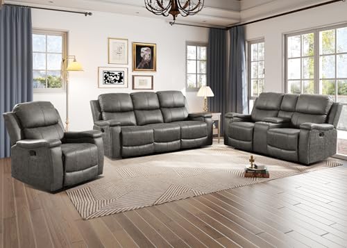 Image of CANMOV Faux Leather Manual Reclining Sofa Furniture Set, Manual Recliner Chair, Manual Loveseat and 3 Seat Recliner Sofa Couch Set for Living Room,Grey
