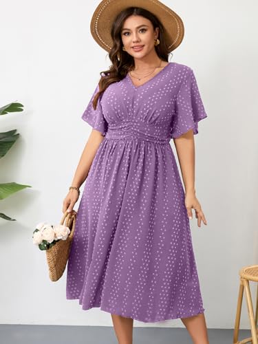 Image of RWJ Women's Plus Size Maxi Dress V Neck Short Sleeve Swiss Dot A Line High Waist Boho Swing Casual Summer Dresses