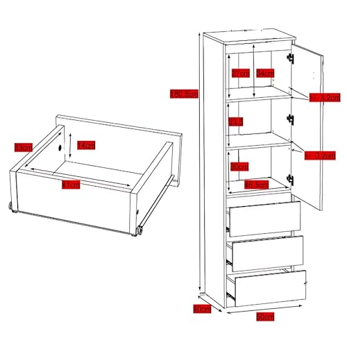 Kleiderschrank, Garderobenschrank, Mehrzweckschrank mit 3 Einlegeböden & 3 Schubladen | kompakter und funktionaler Schrank für Schlafzimmer, Flur oder Arbeitszimmer | 50x40x180 cm (BxTxH) | Weiß