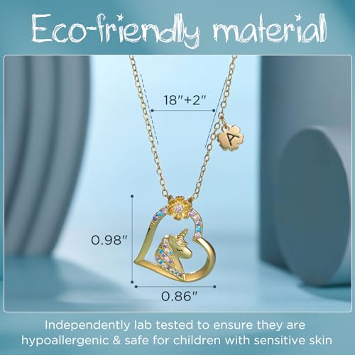 SWEETV Hypoallergenic Unicorn Necklace for Girls - 18K Gold Plated Cubic Zirconia Initial Heart Pendant, Unicorn Jewelry Gifts for Birthday/Christmas3