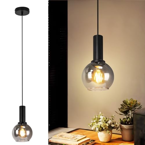 CBJKTX Hängelampe Vintage Pendelleuchte Esstisch -1Flammig Hängeleuchte Glas Schwarz Esszimmerlampe Industrial E27 Pendellampe Höhenverstellbar Esstischlampe für Wohnzimmer Küche (ohne Leuchtmittel)